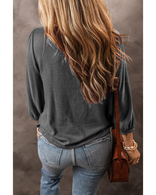 Grey Solid Colour 3/4 Sleeve Round Neck Blouse