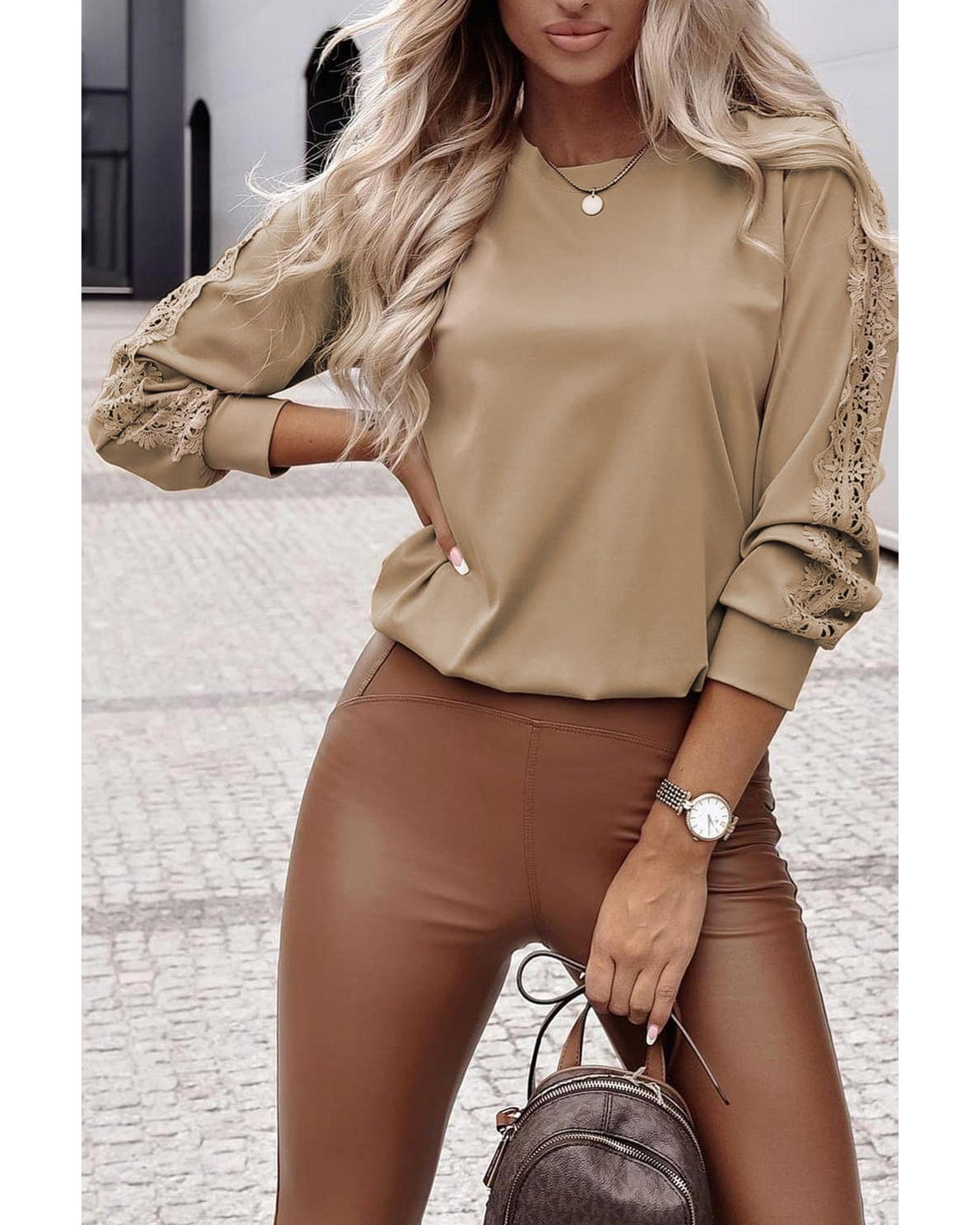 Lace Crochet Patched Crew Neck Top