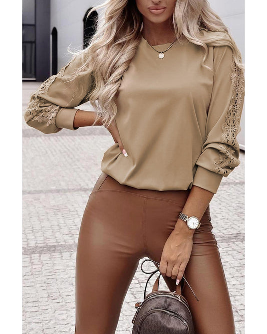 Lace Crochet Patched Crew Neck Top
