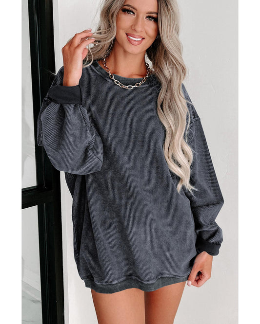 AZURA EXCHANGE Gray Ribbed Knit Round Neck Sweatshirt