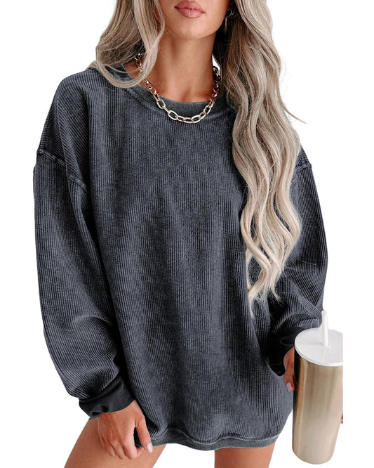 AZURA EXCHANGE Gray Ribbed Knit Round Neck Sweatshirt