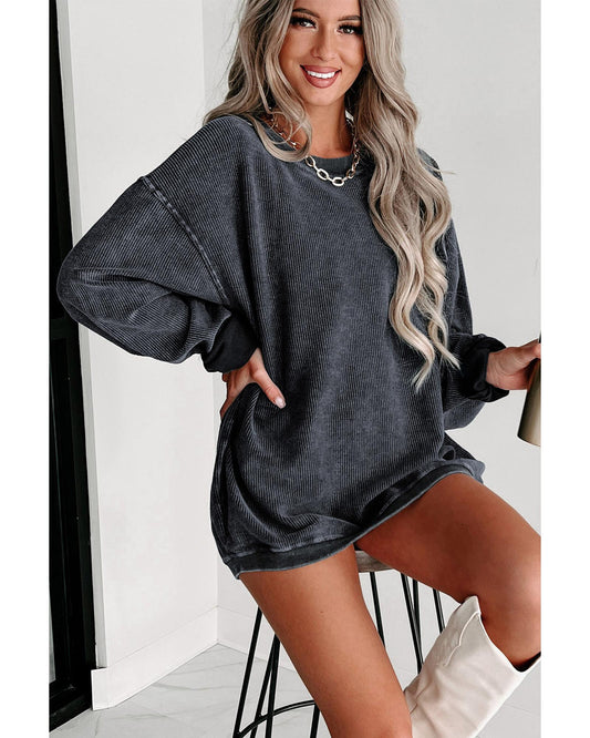 AZURA EXCHANGE Gray Ribbed Knit Round Neck Sweatshirt