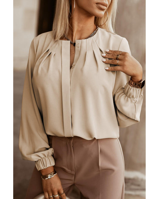 Crew Neck Gathered Stretch Cuff Shirt