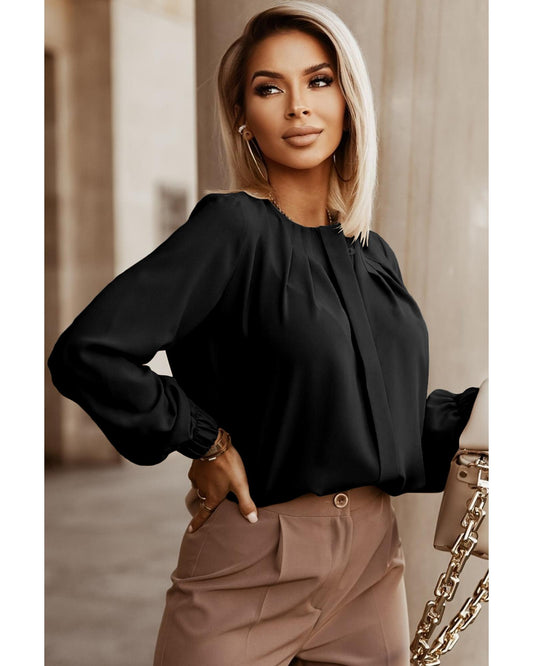 Crew Neck Gathered Stretch Cuff Shirt