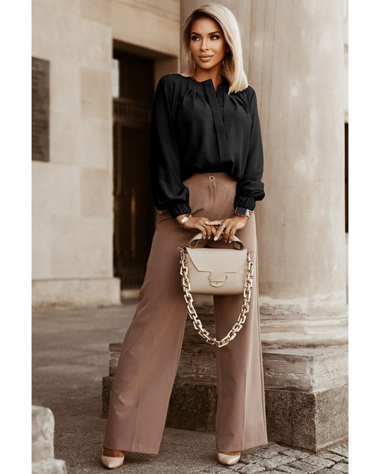 Crew Neck Gathered Stretch Cuff Shirt