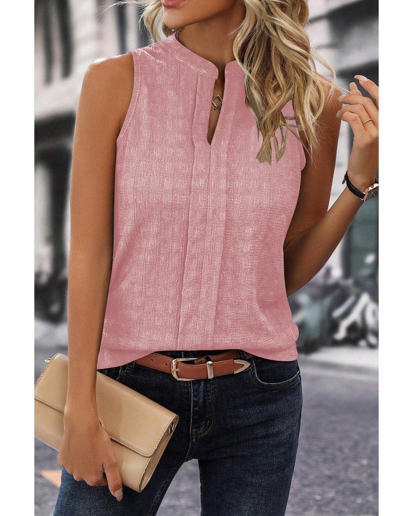 Lattice Textured Split Neck Tank Top