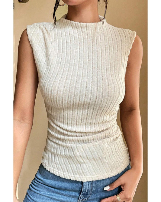Apricot Ribbed Knit Mock Neck Tank Top