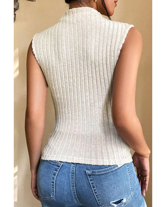Apricot Ribbed Knit Mock Neck Tank Top