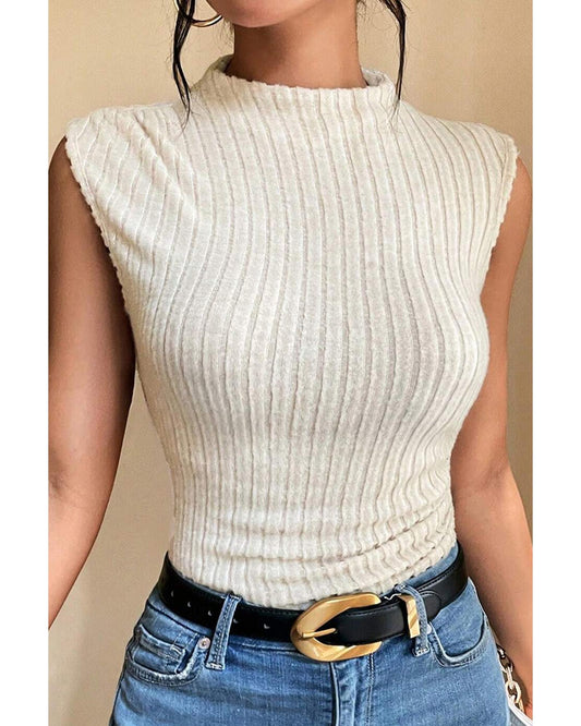 Apricot Ribbed Knit Mock Neck Tank Top