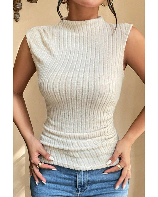 Apricot Ribbed Knit Mock Neck Tank Top