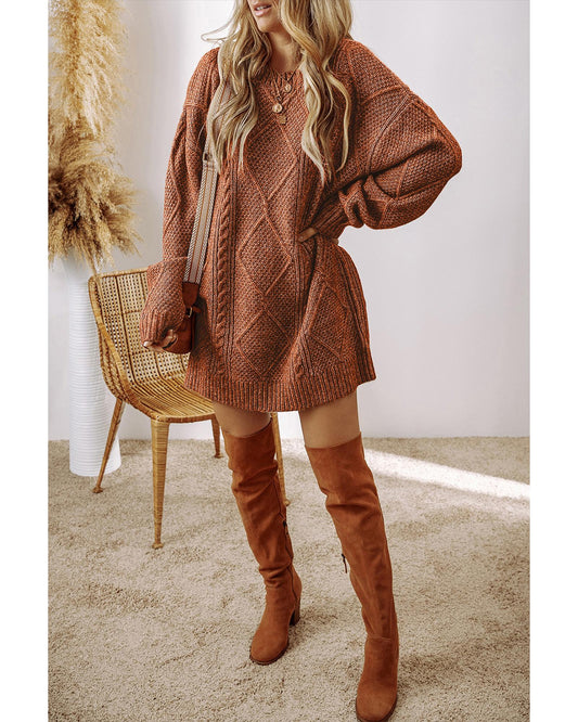 Coffee Cable Knit Drop Shoulder Loose Fit Sweater Dress - L
