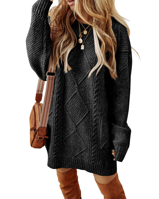 Coffee Cable Knit Drop Shoulder Loose Fit Sweater Dress - L