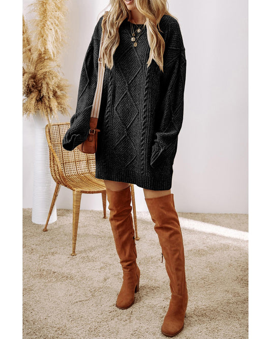 Coffee Cable Knit Drop Shoulder Loose Fit Sweater Dress - L