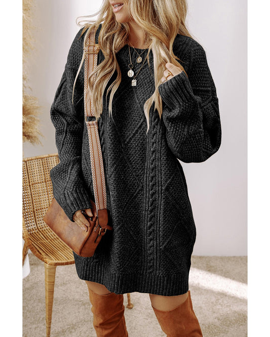 Coffee Cable Knit Drop Shoulder Loose Fit Sweater Dress - L