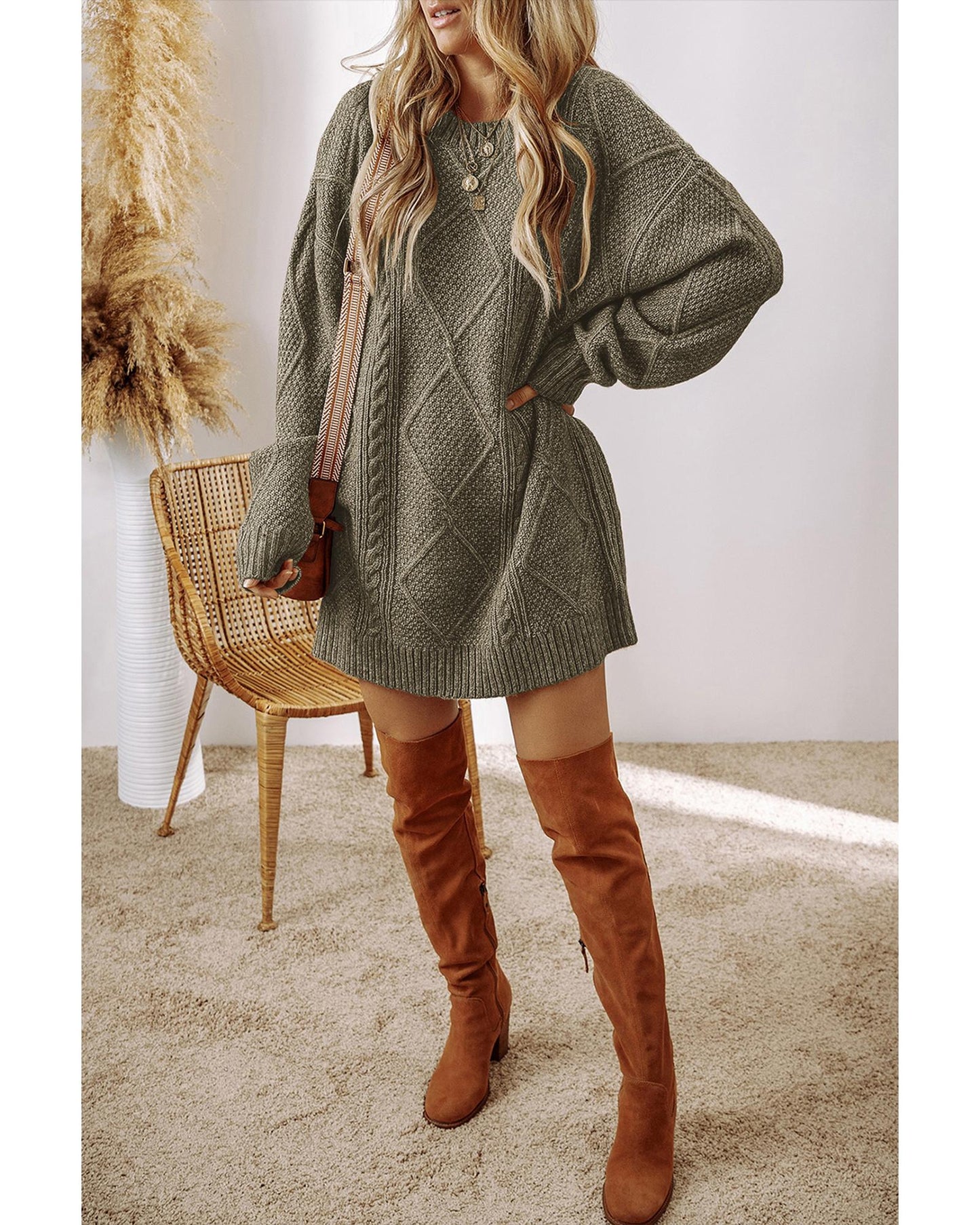 Coffee Cable Knit Drop Shoulder Loose Fit Sweater Dress - L