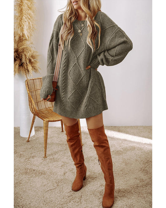 Coffee Cable Knit Drop Shoulder Loose Fit Sweater Dress - L