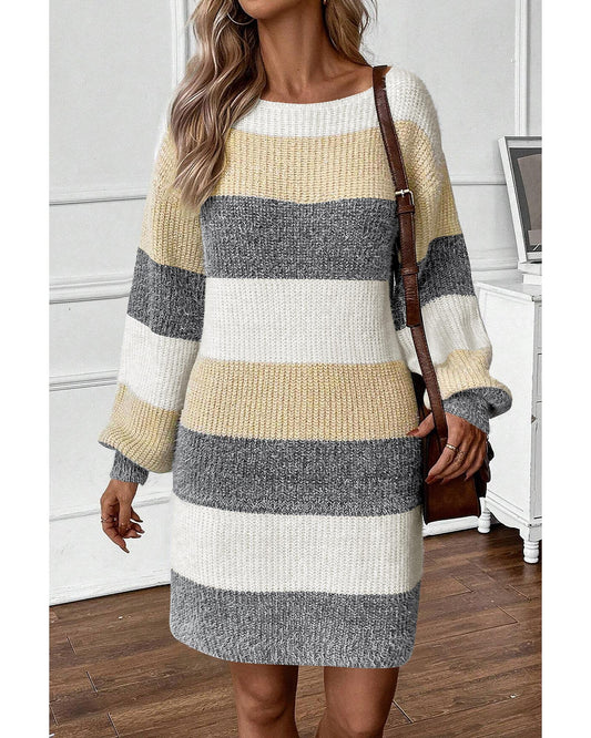 Gray Stripe Colorblock Bubble Sleeve Drop Shoulder Sweater Dress - XL