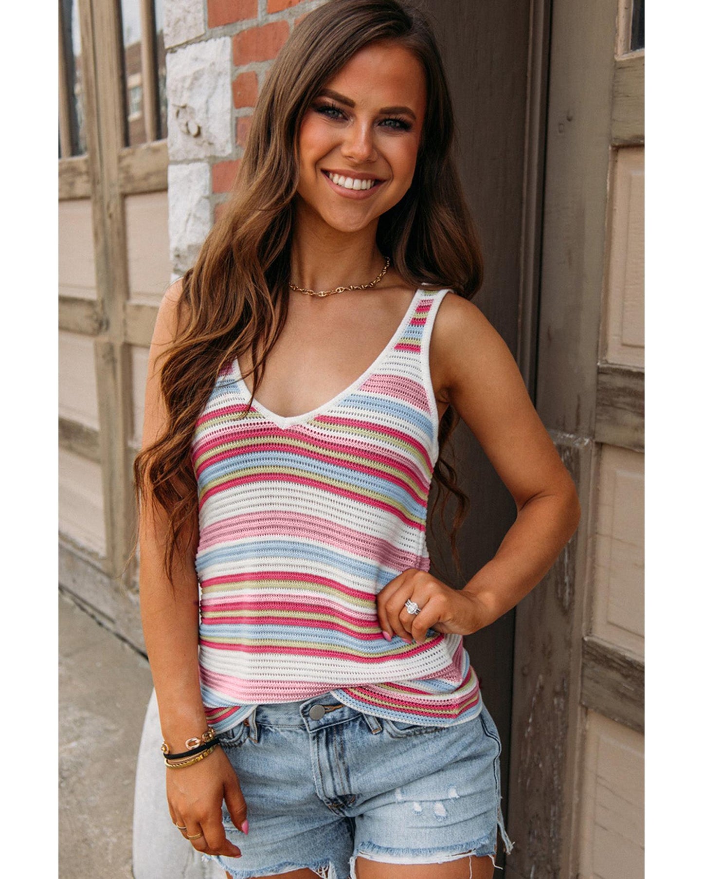 White Stripe Pointelle Knit V Neck Tank Top