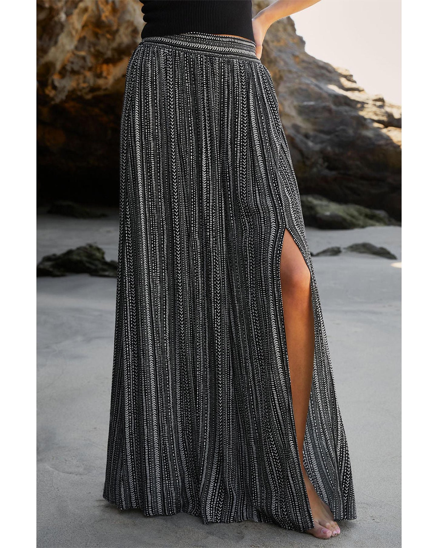 Black Printed Striped Slit Wide Leg High Waist Pants