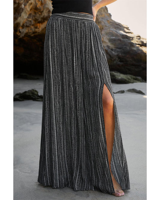 Black Printed Striped Slit Wide Leg High Waist Pants