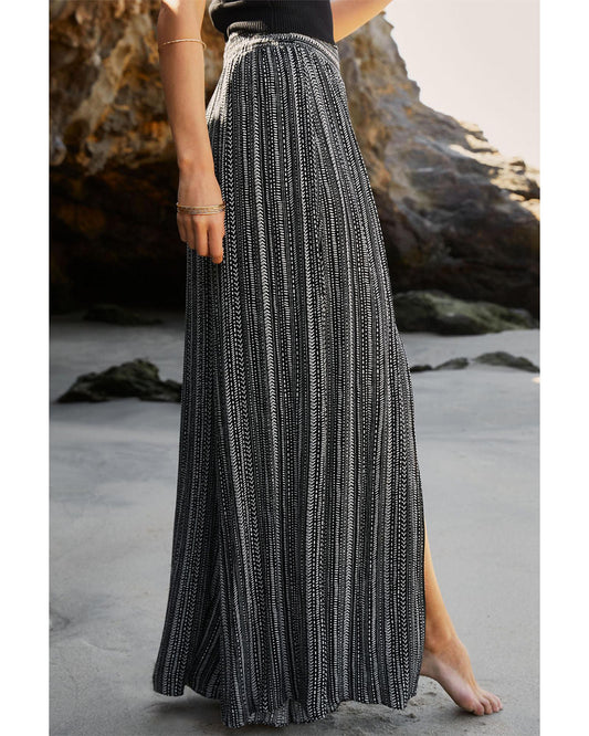 Black Printed Striped Slit Wide Leg High Waist Pants