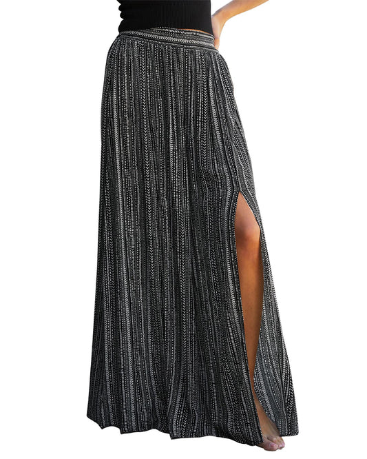 Black Printed Striped Slit Wide Leg High Waist Pants