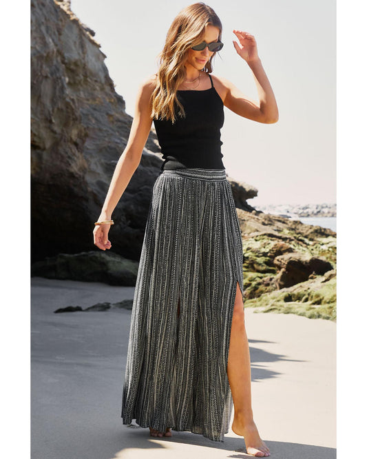 Black Printed Striped Slit Wide Leg High Waist Pants