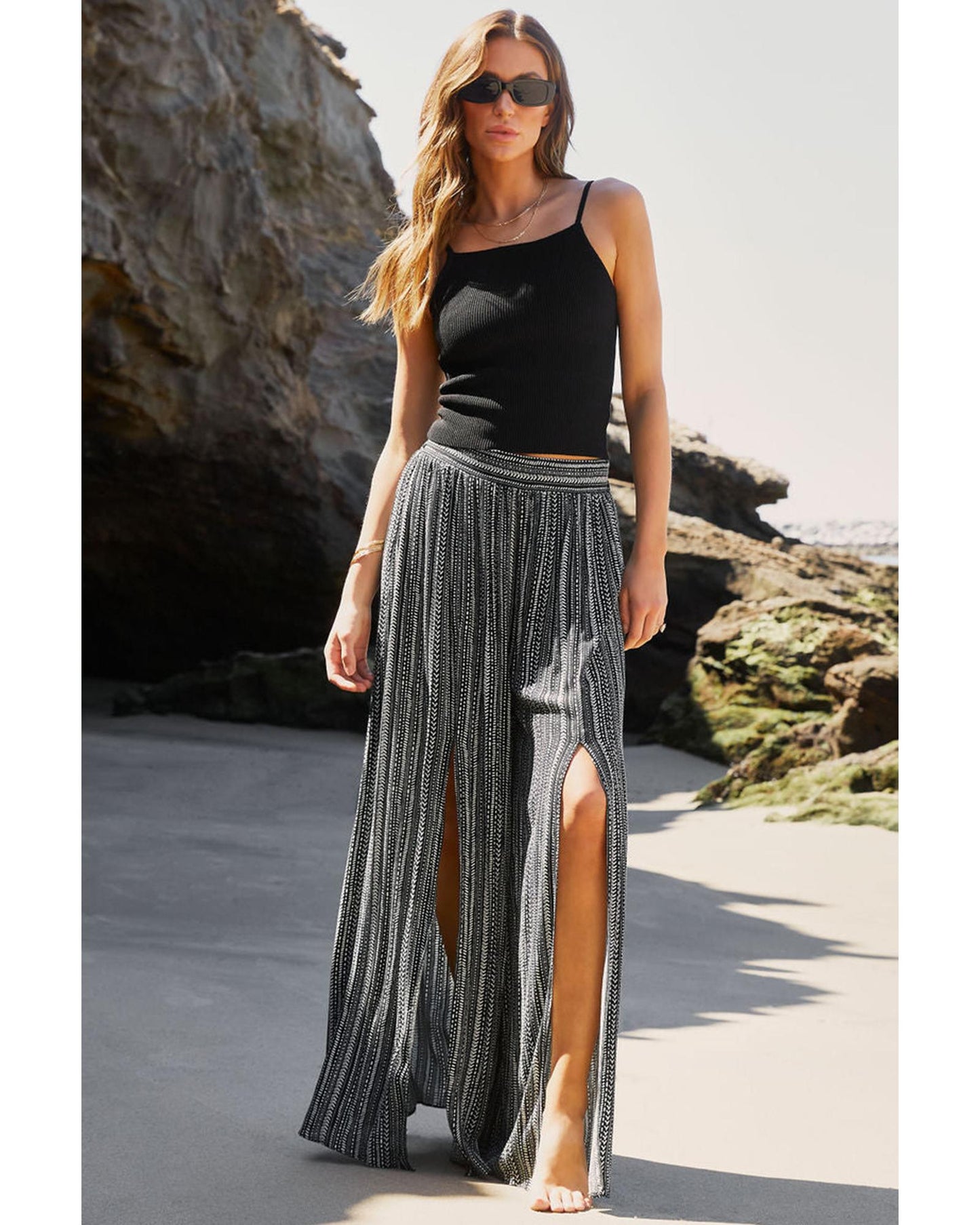 Black Printed Striped Slit Wide Leg High Waist Pants