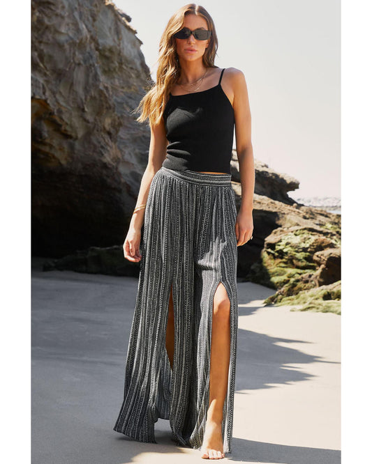 Black Printed Striped Slit Wide Leg High Waist Pants