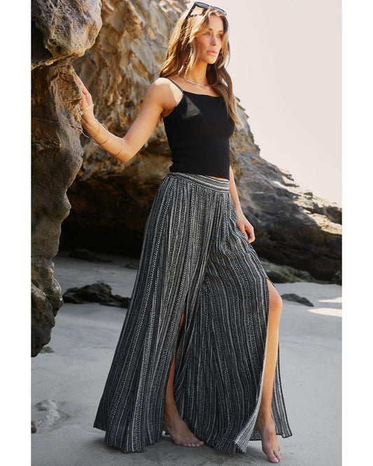 Black Printed Striped Slit Wide Leg High Waist Pants