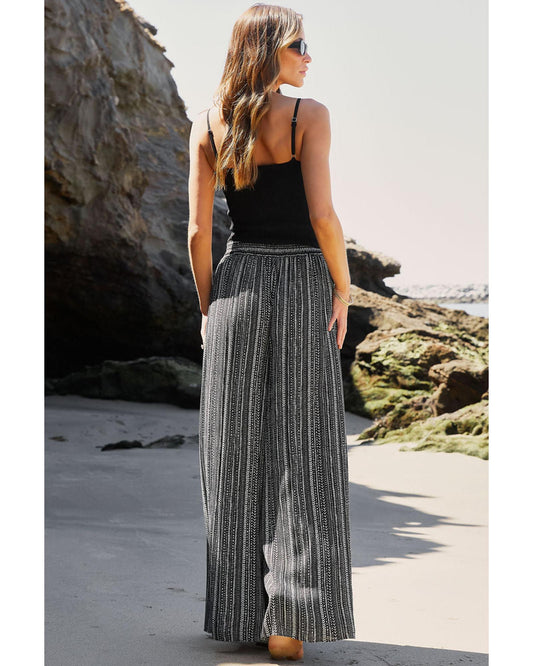 Black Printed Striped Slit Wide Leg High Waist Pants
