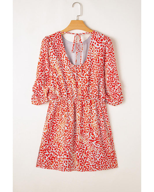 Tomato Red Leopard Print Long Sleeve Hollowed Back Split Mini Dress - L