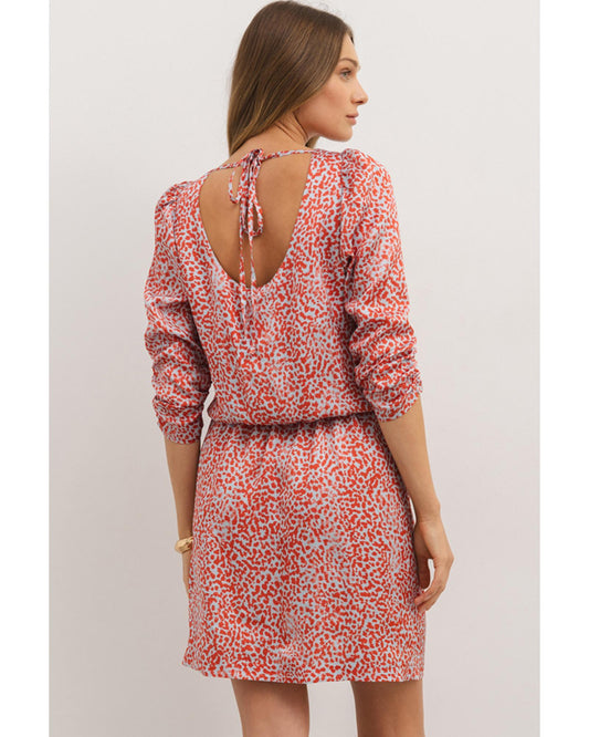 Tomato Red Leopard Print Long Sleeve Hollowed Back Split Mini Dress - L