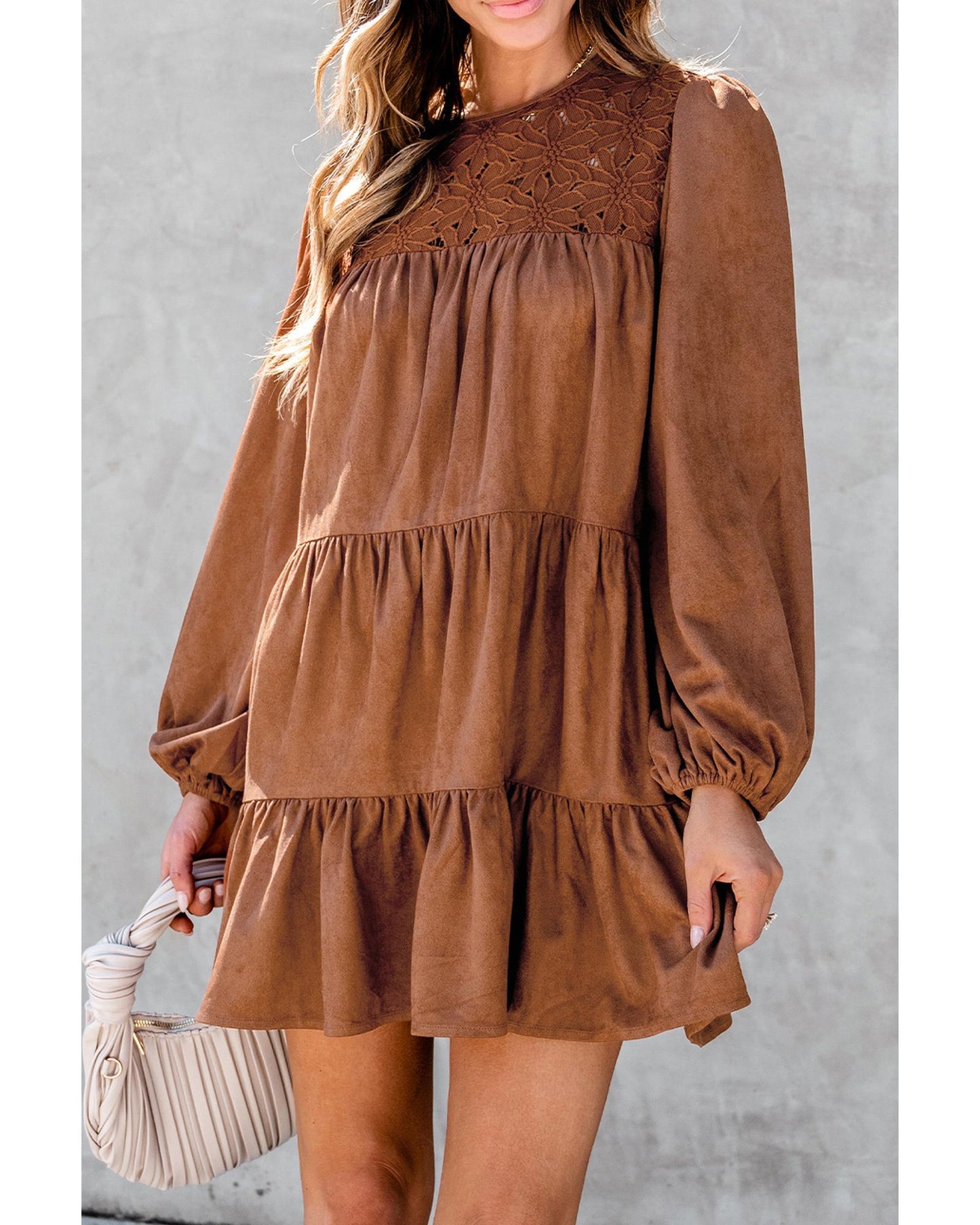 Chestnut Floral Lace Crochet Tiered Ruffled Mini Dress - XL