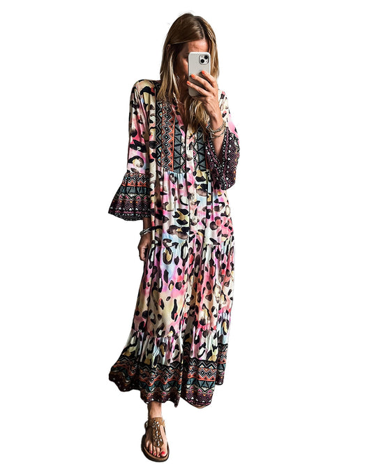 Pink Western Leopard Printed 3/4 Sleeve Buttoned Front Tiered Maxi Dress - S