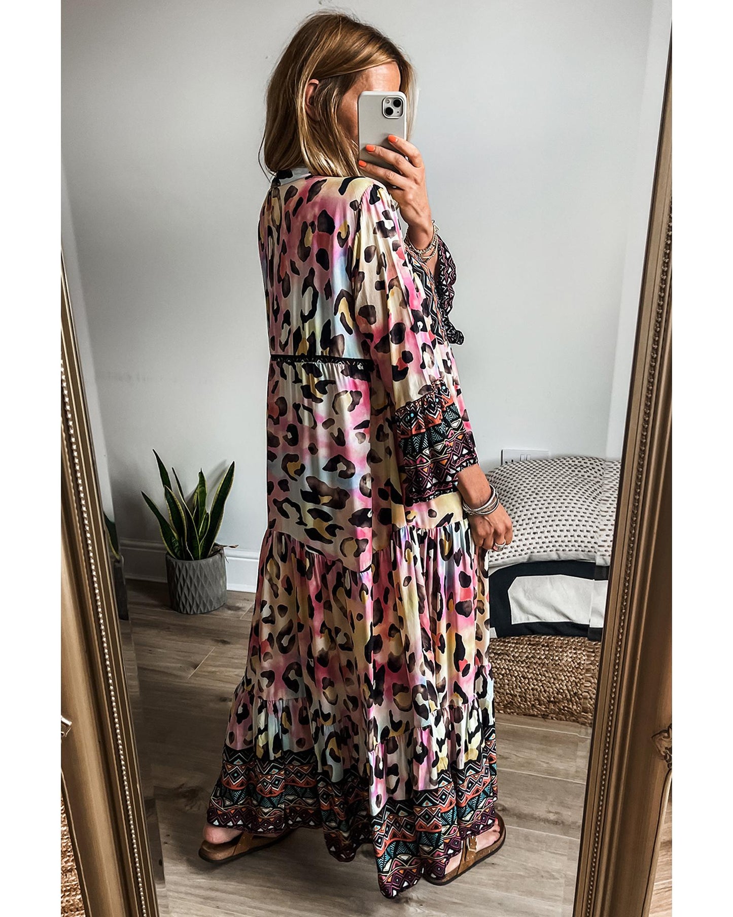 Pink Western Leopard Printed 3/4 Sleeve Buttoned Front Tiered Maxi Dress - S