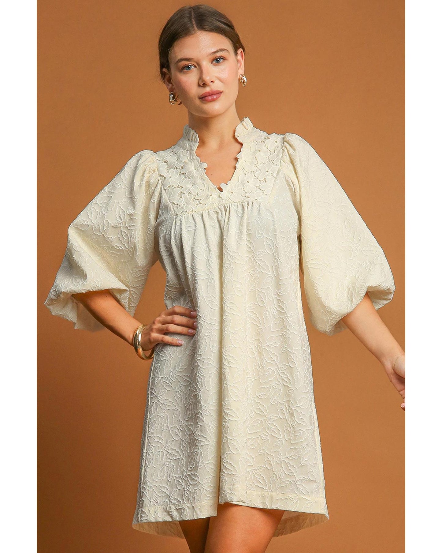 Women's Floral Textured Bubble Sleeve Frilled Notched Neck Dress