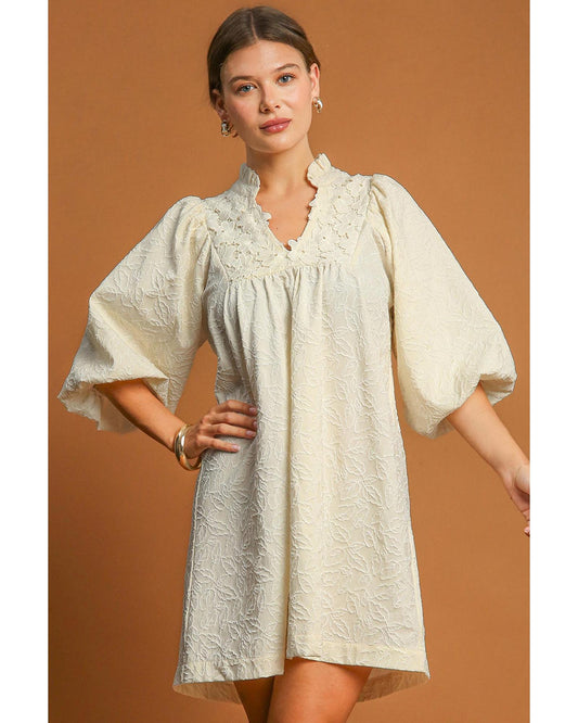 White Floral Textured Bubble Sleeve Frilled Notched Neck Dress - M