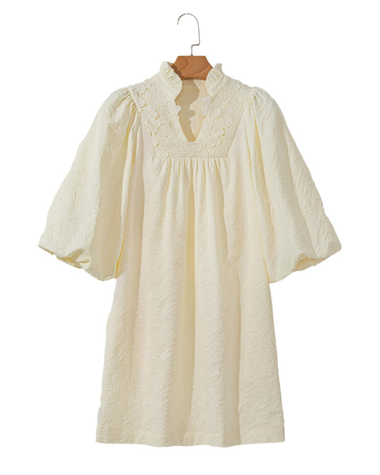 White Floral Textured Bubble Sleeve Frilled Notched Neck Dress - M