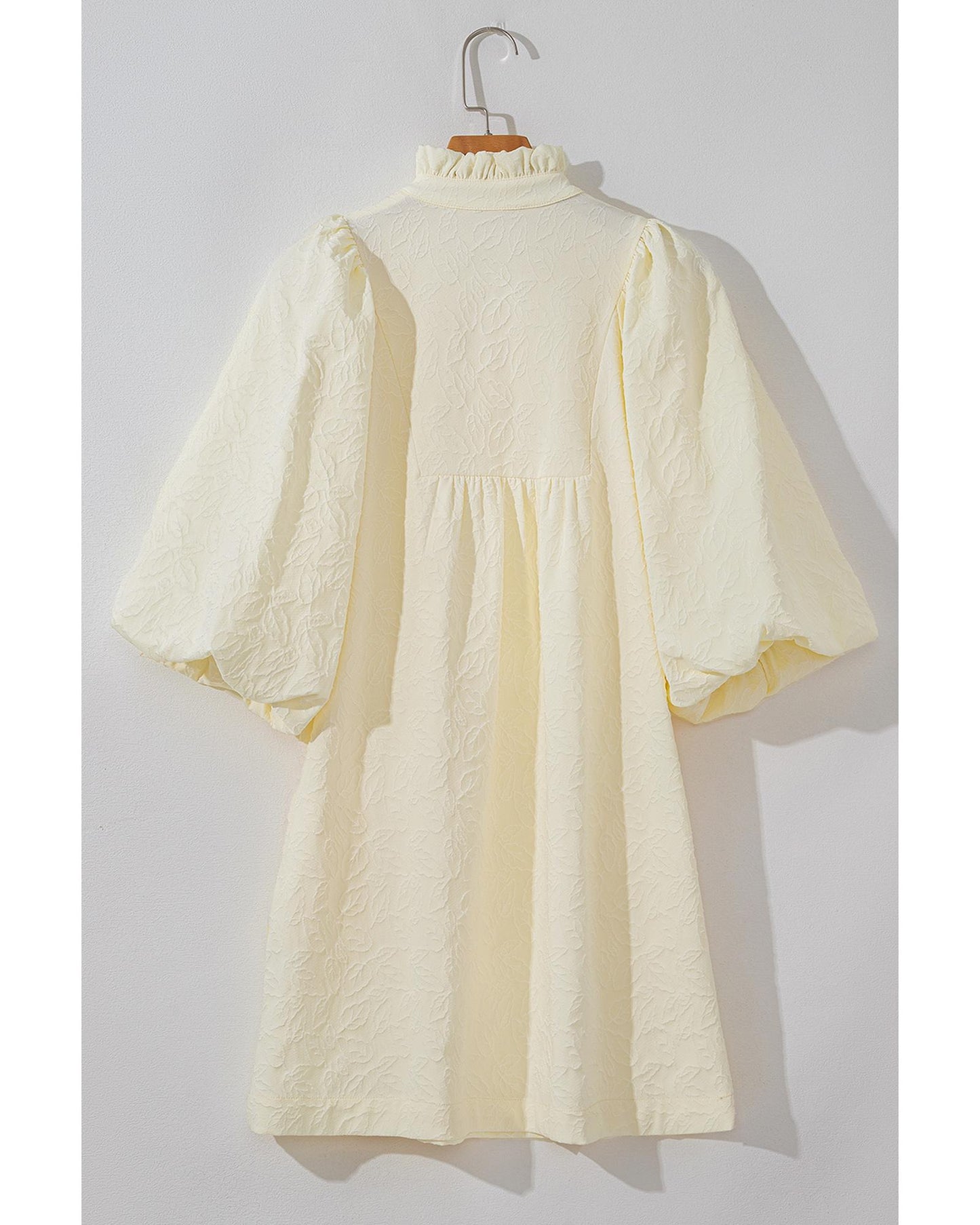 Women's Floral Textured Bubble Sleeve Frilled Notched Neck Dress