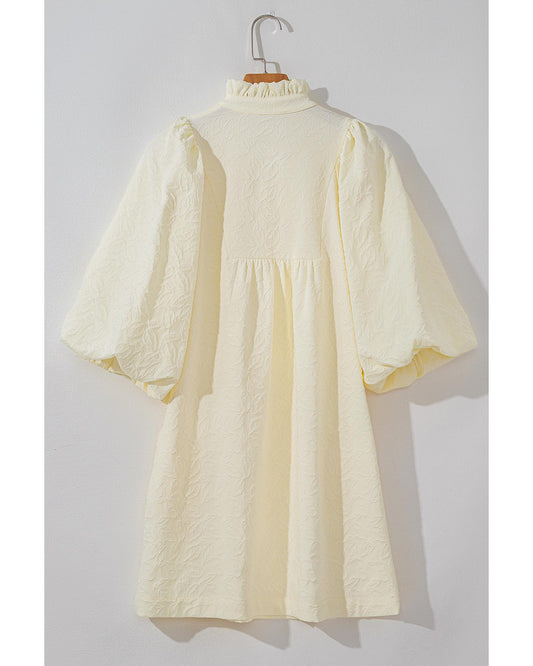 White Floral Textured Bubble Sleeve Frilled Notched Neck Dress - M