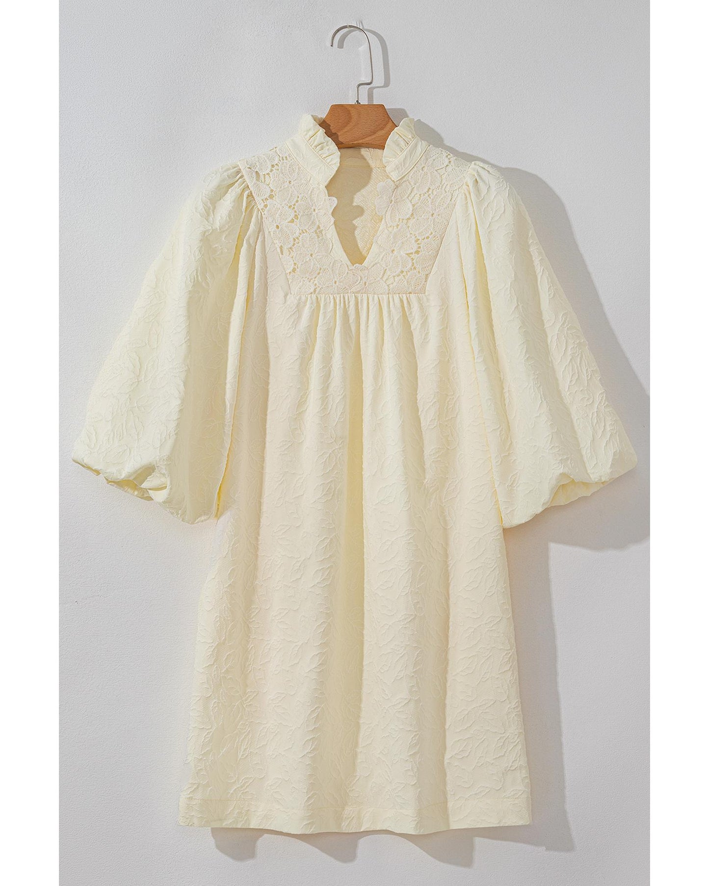 Women's Floral Textured Bubble Sleeve Frilled Notched Neck Dress
