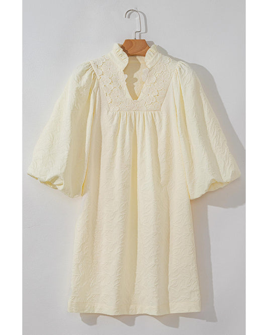 White Floral Textured Bubble Sleeve Frilled Notched Neck Dress - M