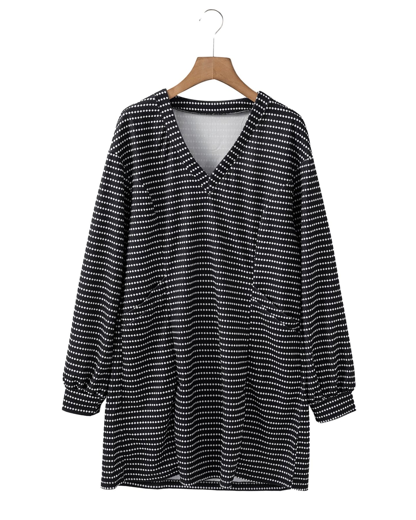 Black Striped V Neck Long Puff Sleeve Shift Dress - M