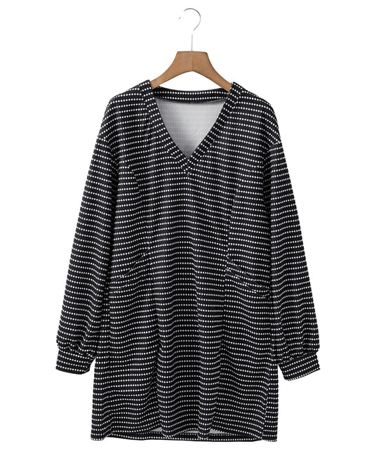 Black Striped V Neck Long Puff Sleeve Shift Dress - M