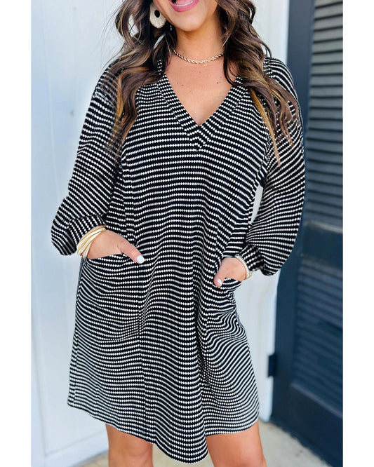 Black Striped V Neck Long Puff Sleeve Shift Dress - M