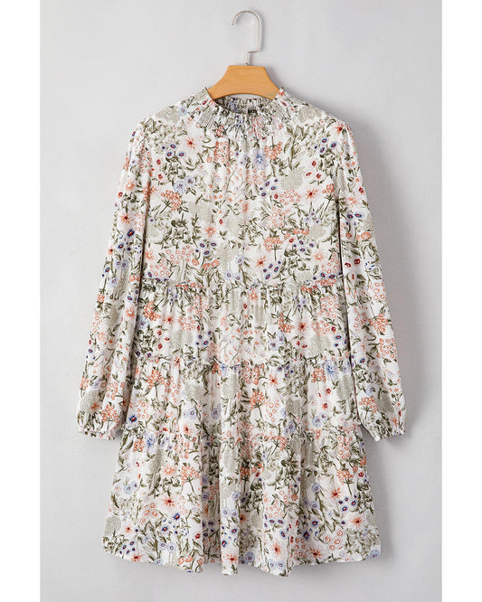 Green Floral Print Tiered Frilled Shirred Mock Neck Mini Dress - L