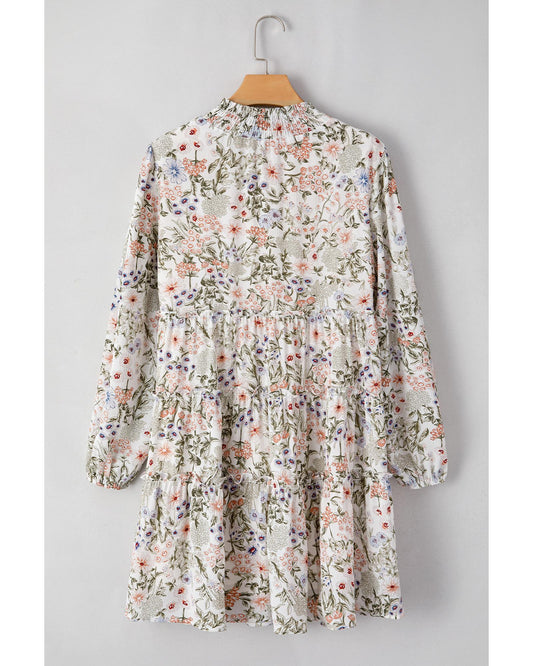 Green Floral Print Tiered Frilled Shirred Mock Neck Mini Dress - L