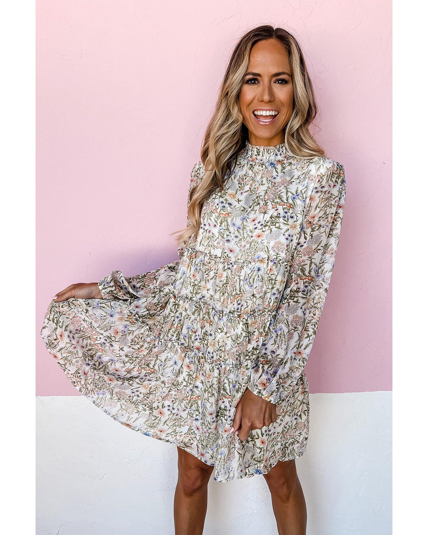 Green Floral Print Tiered Frilled Shirred Mock Neck Mini Dress - L