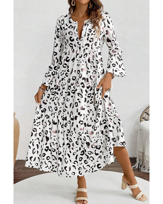 White Leopard Print Notch V Neck Loose Fit Maxi Dress - S